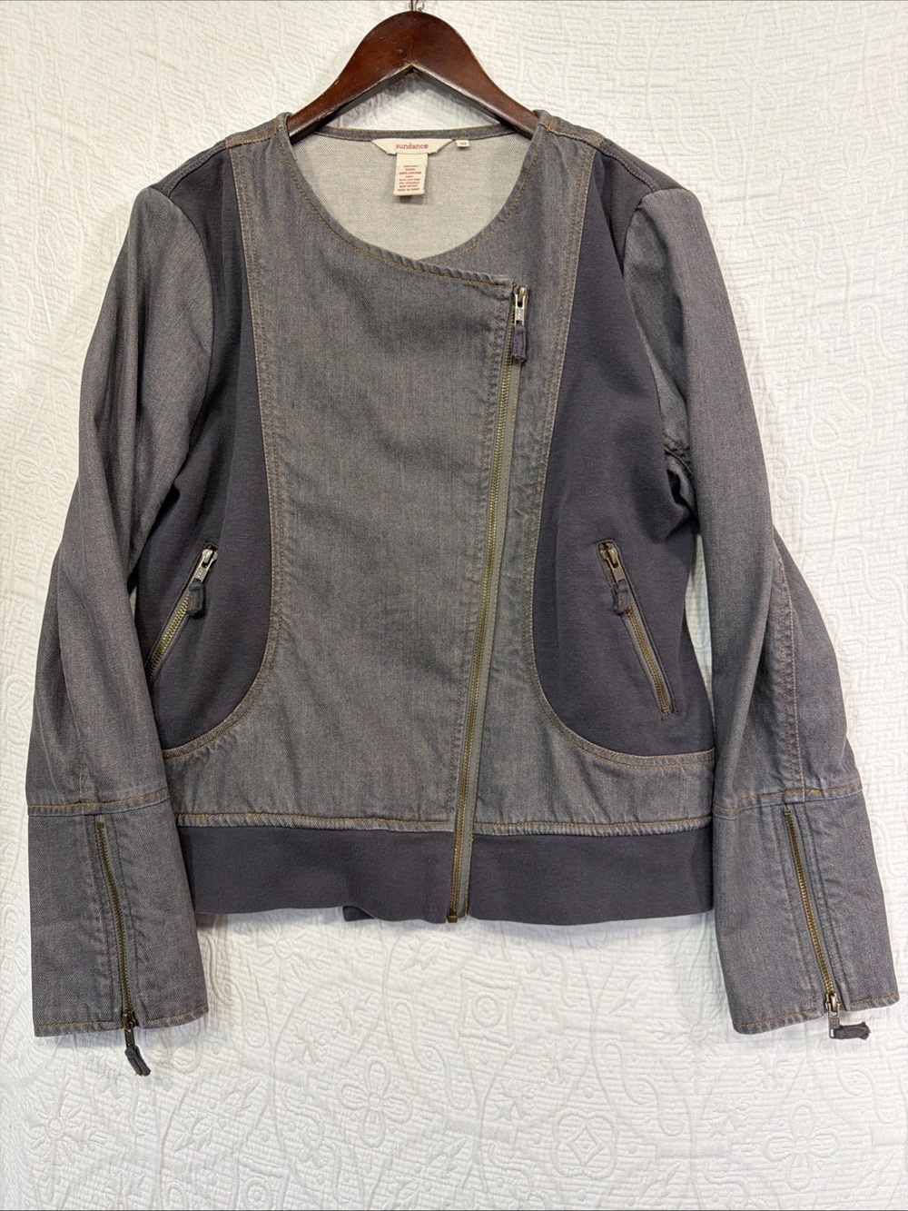 Sundance Denim Jacket Grey Womens Size 10 Retro Moto Jean Panel Stretch Cotton